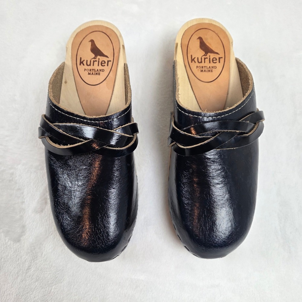 Kurier Black Leather Braided Wooden Clogs • Handmade in Portland‎ Maine